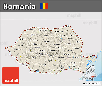 Shaded Relief 3D Map of Romania, single color outside