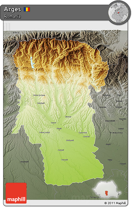 Physical 3D Map of Arges, darken, semi-desaturated