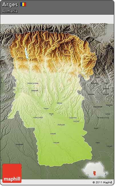 Physical 3D Map of Arges, darken, semi-desaturated