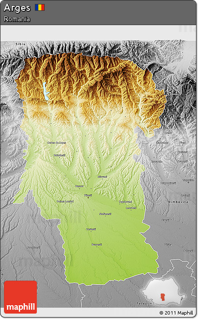 Physical 3D Map of Arges, desaturated