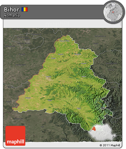 Satellite 3D Map of Bihor, darken, semi-desaturated