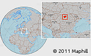 Gray Location Map of Bistrita-Nasaud, within the entire country, hill shading