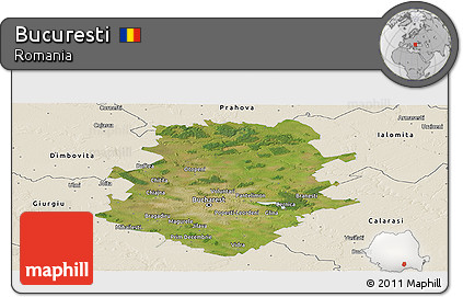 Satellite Panoramic Map of Bucuresti, shaded relief outside