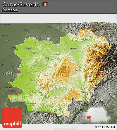 Physical 3D Map of Caras-Severin, darken, semi-desaturated