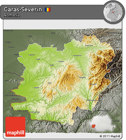 Physical 3D Map of Caras-Severin, darken, semi-desaturated