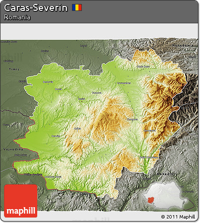 Physical 3D Map of Caras-Severin, darken, semi-desaturated