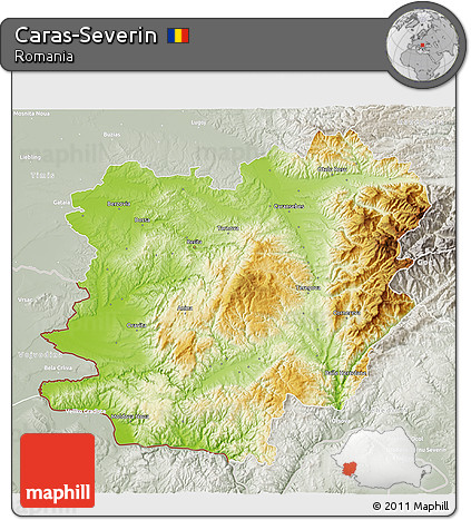Physical 3D Map of Caras-Severin, lighten, semi-desaturated