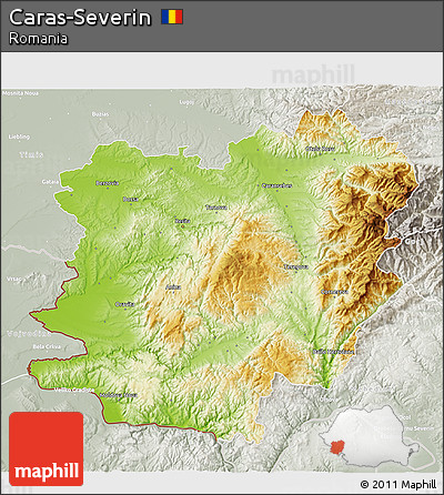 Physical 3D Map of Caras-Severin, lighten, semi-desaturated