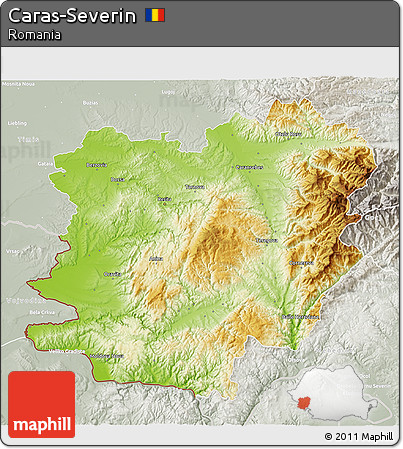 Physical 3D Map of Caras-Severin, lighten, semi-desaturated