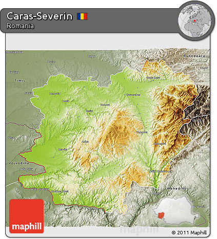Physical 3D Map of Caras-Severin, semi-desaturated