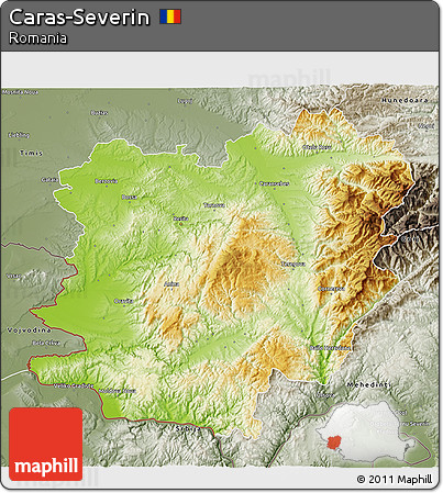 Physical 3D Map of Caras-Severin, semi-desaturated
