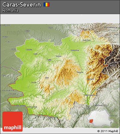 Physical 3D Map of Caras-Severin, semi-desaturated