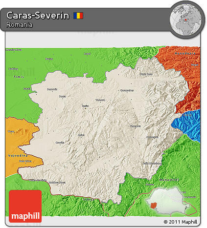 Shaded Relief 3D Map of Caras-Severin, political outside