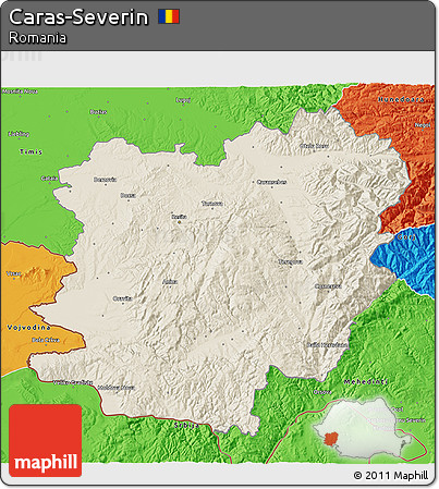 Shaded Relief 3D Map of Caras-Severin, political outside