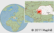 Savanna Style Location Map of Caras-Severin, highlighted country, hill shading