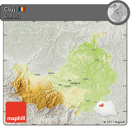 Physical Map of Cluj, lighten, semi-desaturated