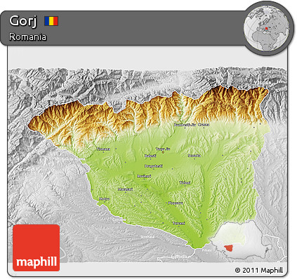 Physical 3D Map of Gorj, lighten, desaturated