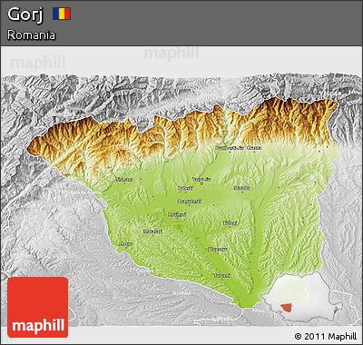 Physical 3D Map of Gorj, lighten, desaturated