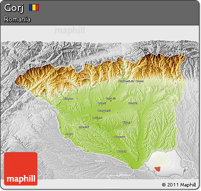 Physical 3D Map of Gorj, lighten, desaturated