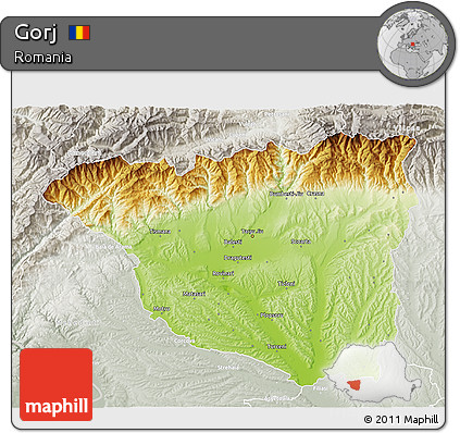 Physical 3D Map of Gorj, lighten, semi-desaturated