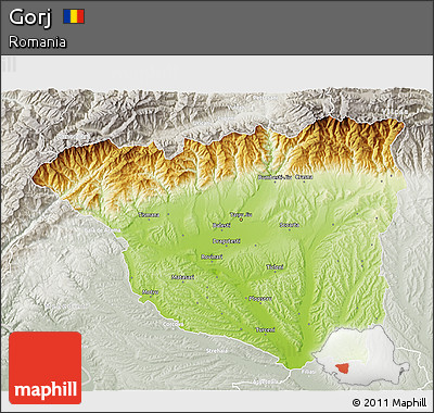 Physical 3D Map of Gorj, lighten, semi-desaturated