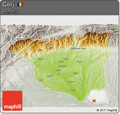 Physical 3D Map of Gorj, lighten, semi-desaturated