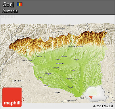 Physical 3D Map of Gorj, shaded relief outside