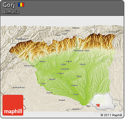 Physical 3D Map of Gorj, shaded relief outside