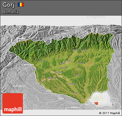 Satellite 3D Map of Gorj, lighten, desaturated