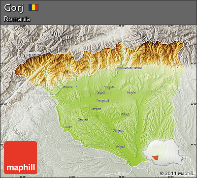 Physical Map of Gorj, lighten, semi-desaturated