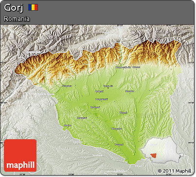 Physical Map of Gorj, lighten, semi-desaturated