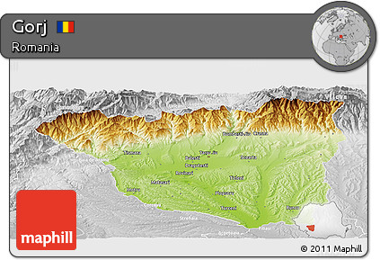 Physical Panoramic Map of Gorj, lighten, desaturated