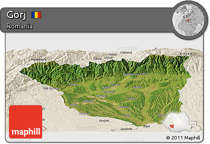 Satellite Panoramic Map of Gorj, shaded relief outside