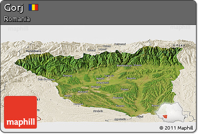 Satellite Panoramic Map of Gorj, shaded relief outside