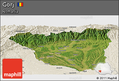 Satellite Panoramic Map of Gorj, shaded relief outside
