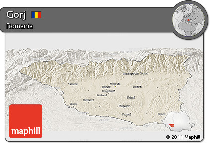 Shaded Relief Panoramic Map of Gorj, lighten
