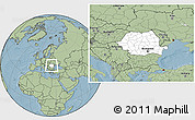 Blank Location Map of Romania, savanna style outside, hill shading outside