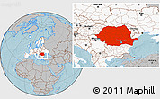 Gray Location Map of Romania, highlighted continent, hill shading