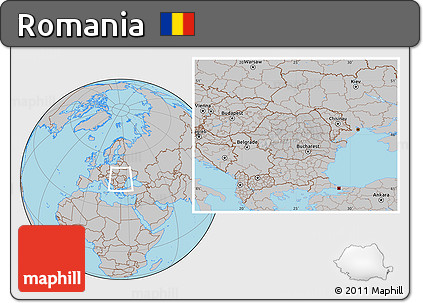 Gray Location Map of Romania, hill shading inside
