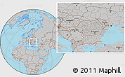 Gray Location Map of Romania, hill shading inside