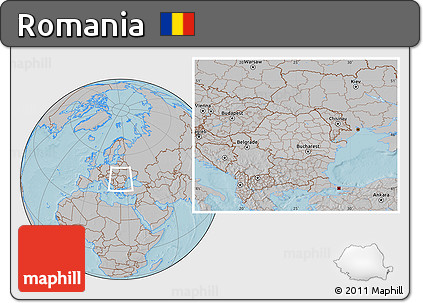 Gray Location Map of Romania, hill shading outside