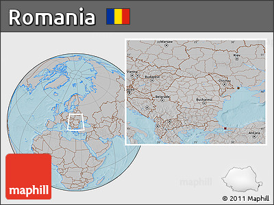 Gray Location Map of Romania, hill shading outside