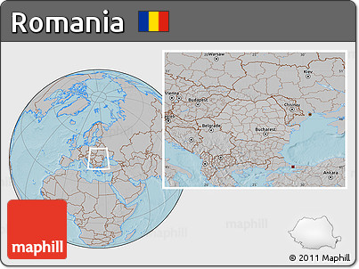 Gray Location Map of Romania, hill shading outside