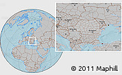 Gray Location Map of Romania, hill shading outside