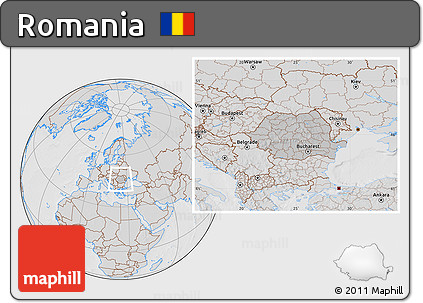 Gray Location Map of Romania, lighten, desaturated, hill shading