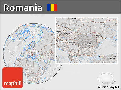 Gray Location Map of Romania, lighten, desaturated, hill shading