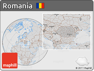 Gray Location Map of Romania, lighten, desaturated, hill shading
