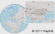 Gray Location Map of Romania, lighten, desaturated, land only, hill shading