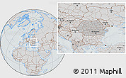 Gray Location Map of Romania, lighten, semi-desaturated, hill shading