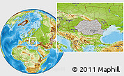 Gray Location Map of Romania, physical outside, hill shading